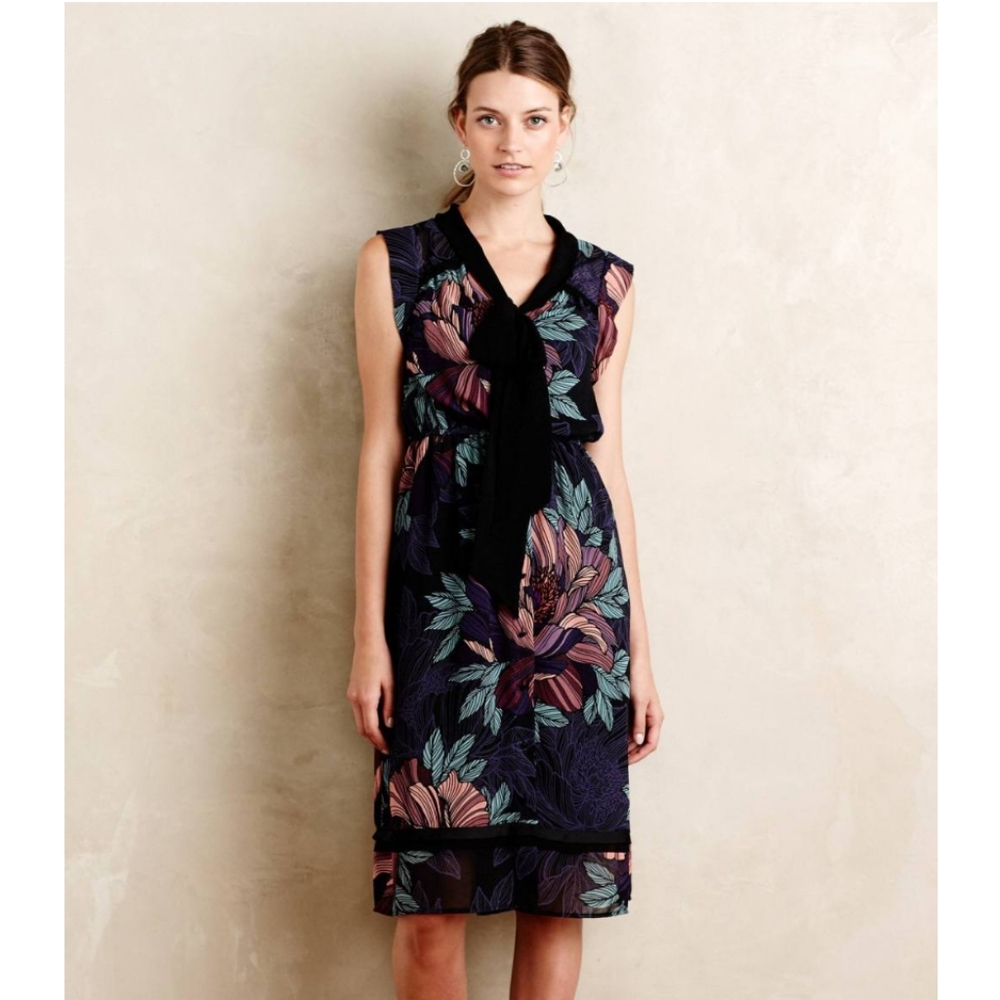 Maeve Black Floral Sheath Dress with Teal and Mauve Accents